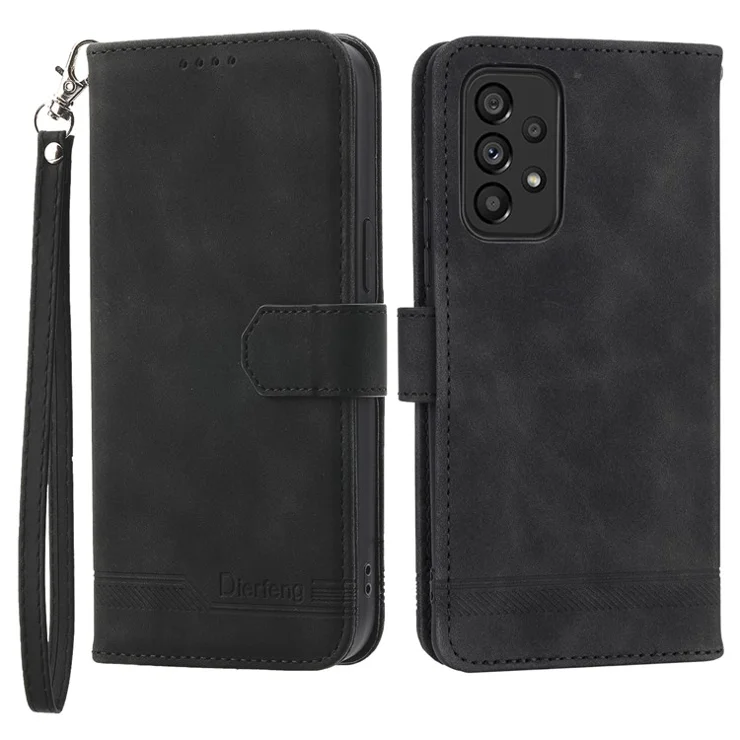 DIERFENG DF-03 Phone Wallet Case for Samsung Galaxy A53 5G, PU Leather Stand Lines Imprinted Phone Cover - Black