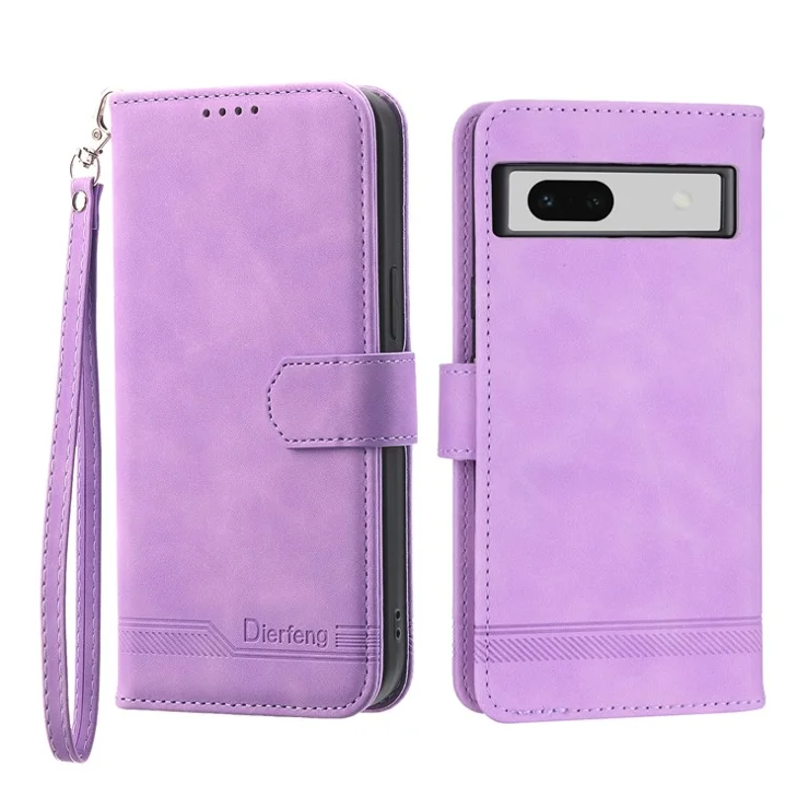DIERFENG DF-03 PU Leather Wallet Case for Google Pixel 7a, Lines Imprinted Cell Phone Stand Cover - Purple