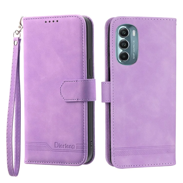 DIERFENG DF-03 Phone Stand Case for Motorola Moto G Stylus 5G (2022), Lines Imprinted PU Leather Wallet Phone Cover - Purple