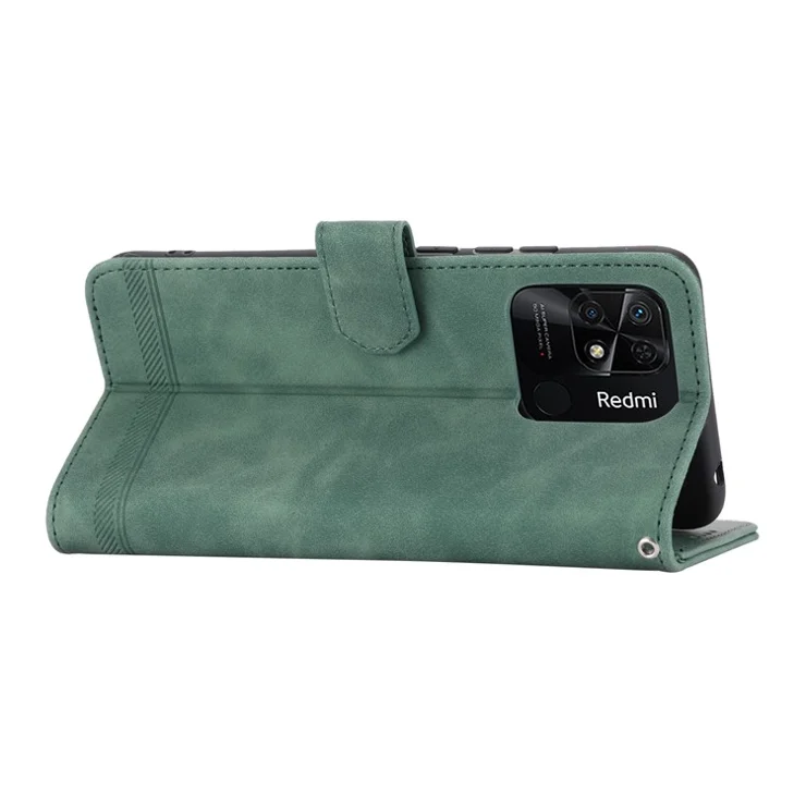 DIERFENG DF-03 for Xiaomi Redmi 10C 4G Phone Wallet Case Lines Imprinted Stand PU Leather Protective Phone Cover - Green