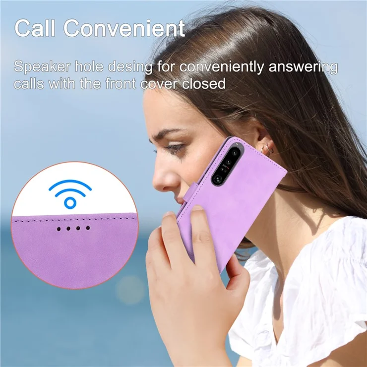 DIERFENG DF-03 Cell Phone Cover for Sony Xperia 1 IV 5G, Lines Imprinted PU Leather Wallet Phone Stand Case - Purple