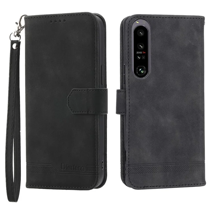 DIERFENG DF-03 Cell Phone Cover for Sony Xperia 1 IV 5G, Lines Imprinted PU Leather Wallet Phone Stand Case - Black
