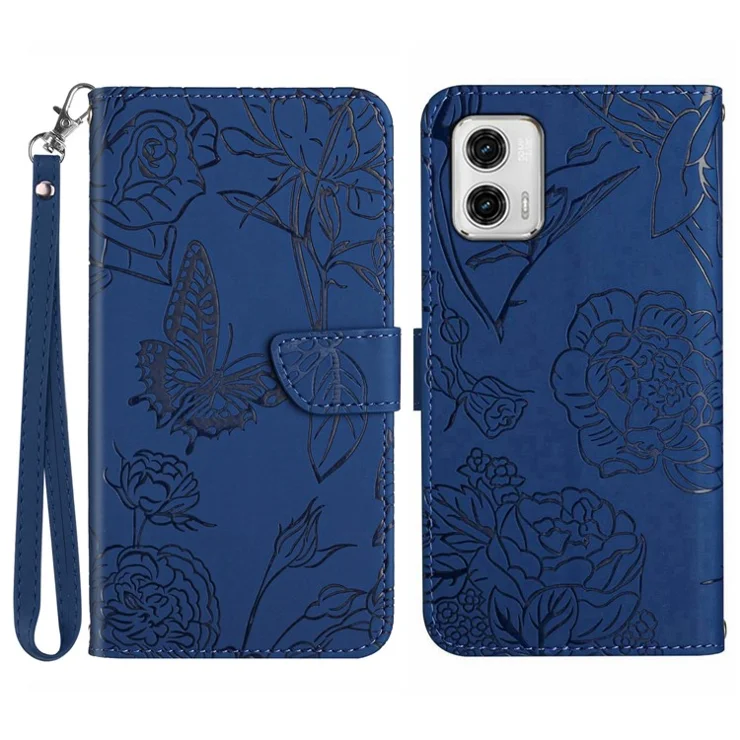 HT03 For Motorola Moto G73 5G Skin-touch Feeling Magnetic Flip Stand Phone Case Imprinted Butterfly Flowers Cover with Strap - Blue
