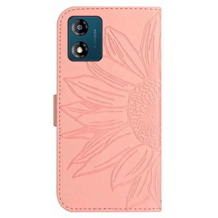 HT04 Flip Cover for Motorola Moto E13 4G, Sunflower Imprinted Stand Wallet PU Leather Phone Case with Shoulder Strap - Light Pink