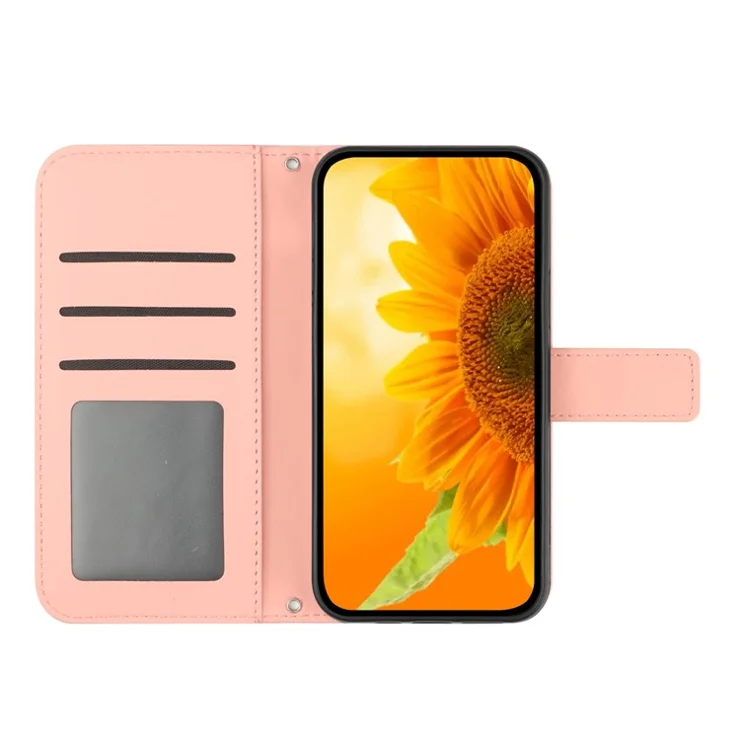 HT04 Flip Cover for Motorola Moto E13 4G, Sunflower Imprinted Stand Wallet PU Leather Phone Case with Shoulder Strap - Light Pink