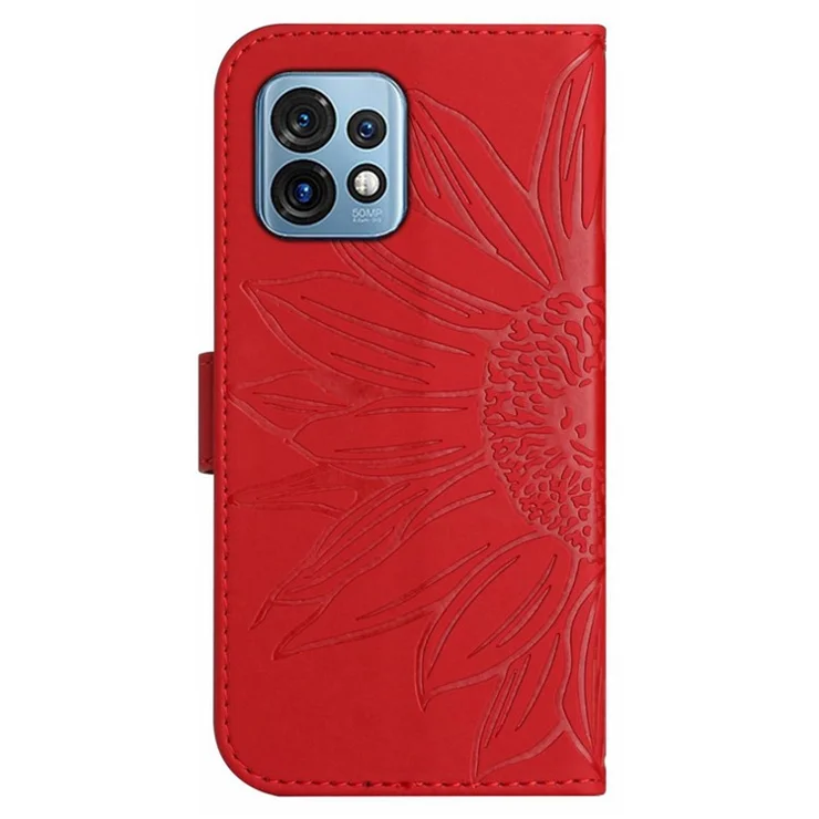 HT04 Flip Cover for Motorola Edge+ (2023) / Edge 40 Pro 5G / Moto X40 5G Drop Proof Sunflower Imprinted Stand Wallet PU Leather Case with Shoulder Strap - Red