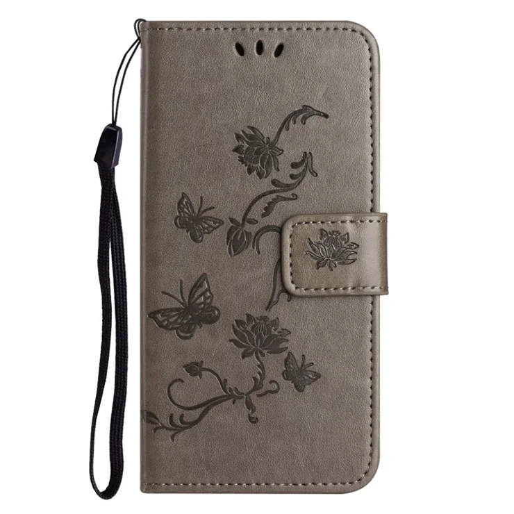 For Xiaomi Redmi Note 12 Pro Speed 5G / Poco X5 Pro 5G Imprinted Butterfly Flower PU Leather Wallet Phone Cover Folio Flip Stand Case with Strap - Grey