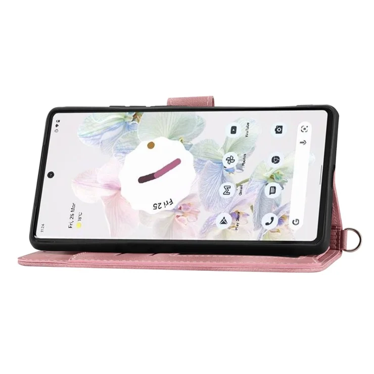 Phone Wallet Case for Google Pixel 7a, Skin-touch Imprinted Flowers Leather Stand Phone Cover with Wrist Strap and Shoulder Strap - Pink