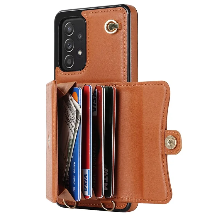 For Samsung Galaxy A73 5G Accordion Style Card Slots Phone Case RFID Blocking Kickstand Cover with Short Strap and Long Strap - Brown