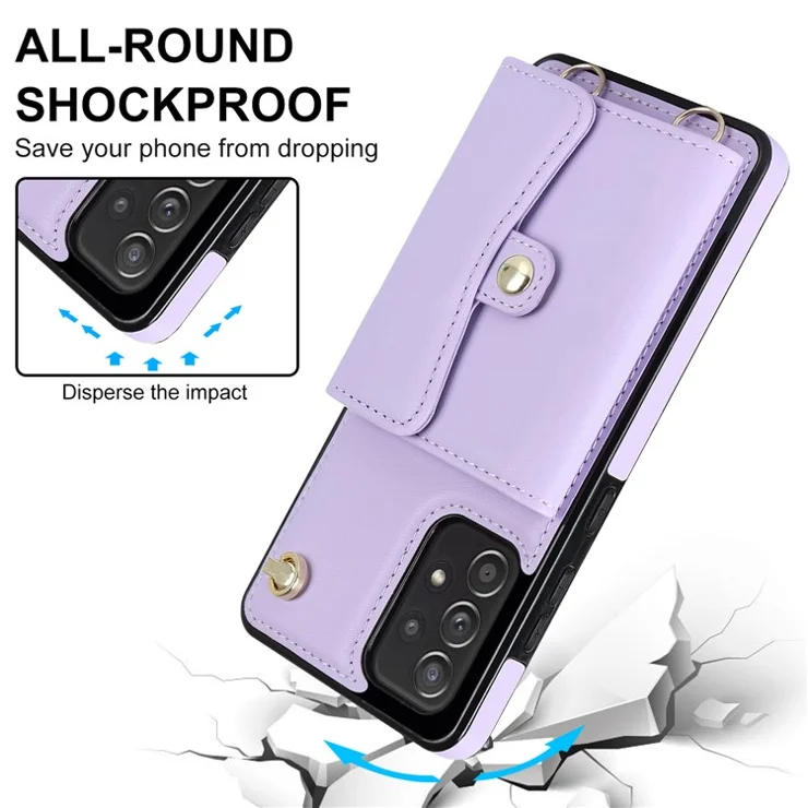 For Samsung Galaxy A73 5G Accordion Style Card Slots Phone Case RFID Blocking Kickstand Cover with Short Strap and Long Strap - Purple