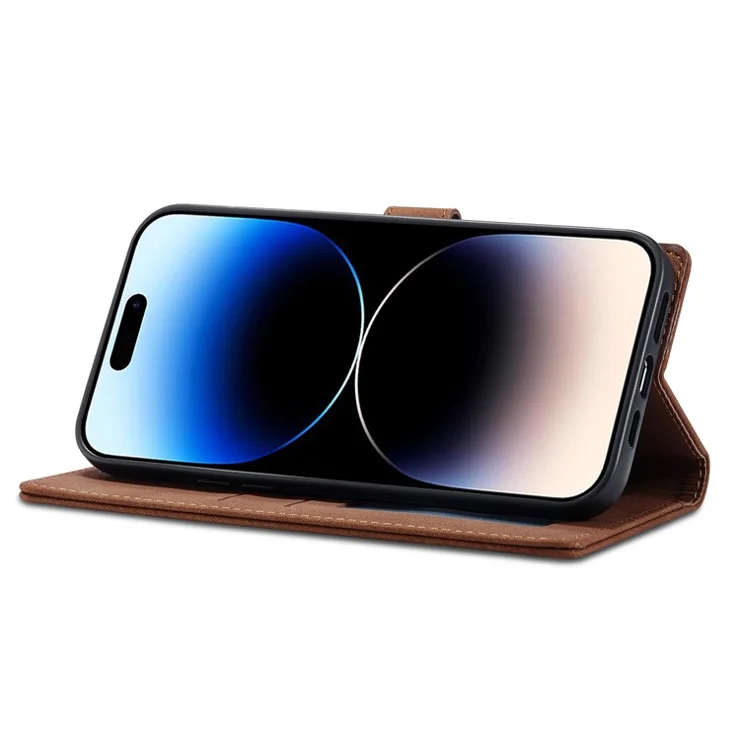 FORWENW F1 Series for iPhone 14 Pro PU Leather Cell Phone Cover Wallet Stand Anti-drop Phone Case - Brown