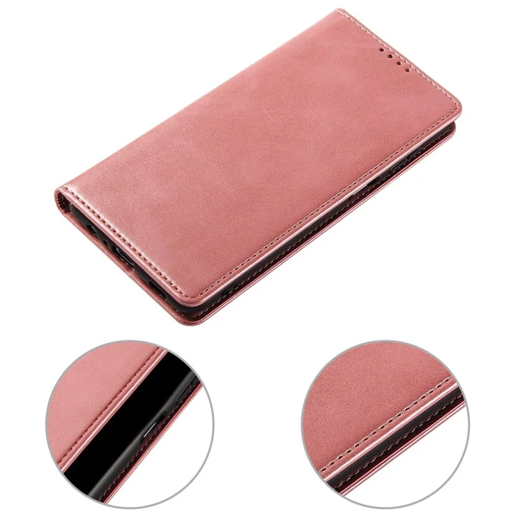 For iPhone 14 Pro Magnetic Leather Phone Case Stand Calf Texture Phone Cover - Rose Gold