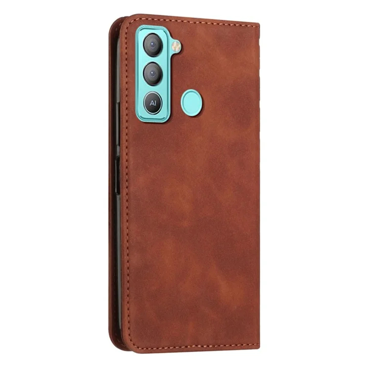 For TECNO Pop 5 LTE 4G Skin-Feel Rhombus Texture Phone Case Magnetic Leather Stand Wallet Phone Cover - Brown