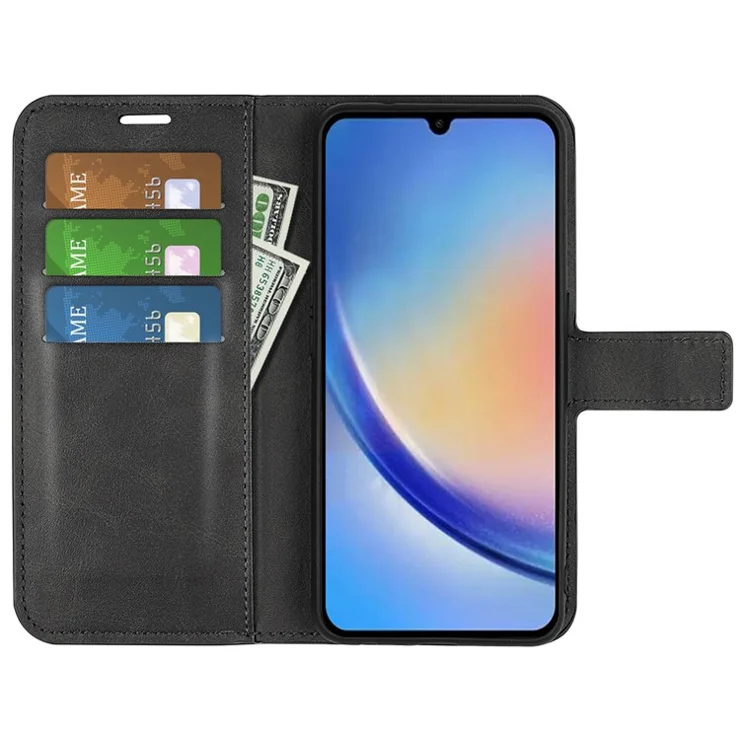 For Samsung Galaxy A34 5G Folio Flip Phone Case Calf Texture Stand Wallet Cover - Black