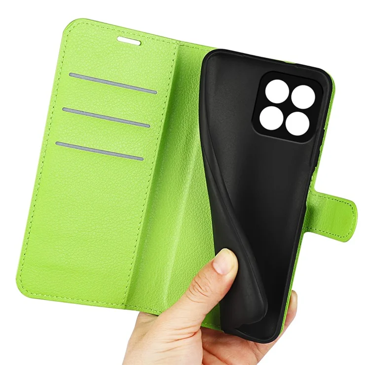 Cell Phone Case Bag for Honor X8a 4G , Litchi Texture Wallet Leather Stand Phone Cover - Green