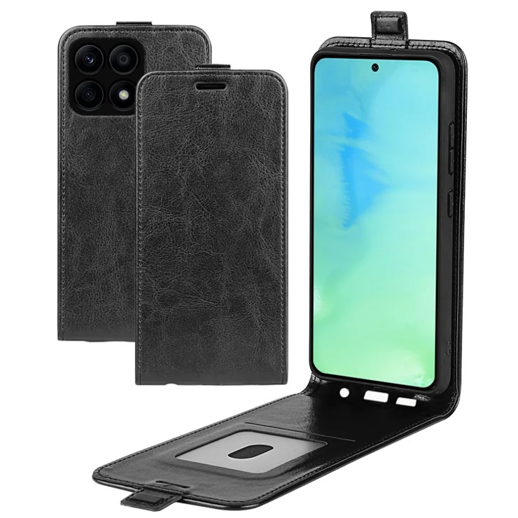 For Honor X8a 4G Crazy Horse Texture Card Holder Vertical Flip Phone Case Leather Protective Cover - Black