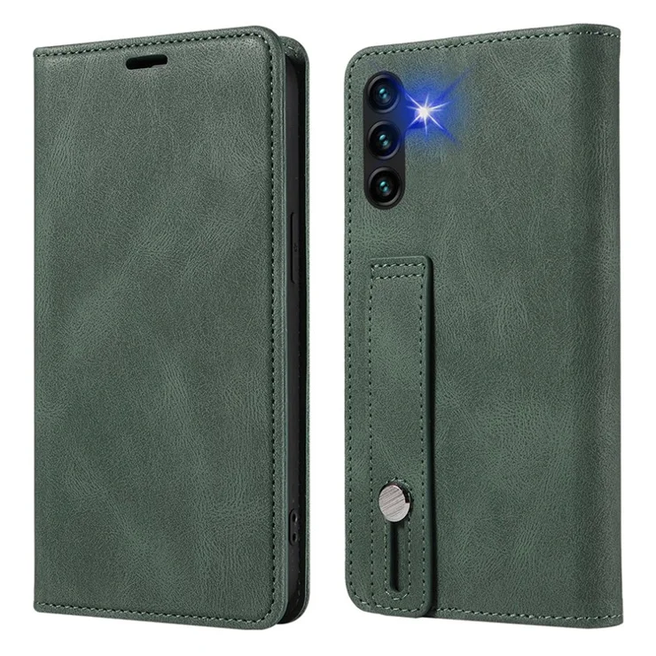 For Samsung Galaxy A14 5G / A14 4G Wallet Magnetic Leather Phone Stand Case Wristband Cell Phone Cover - Green
