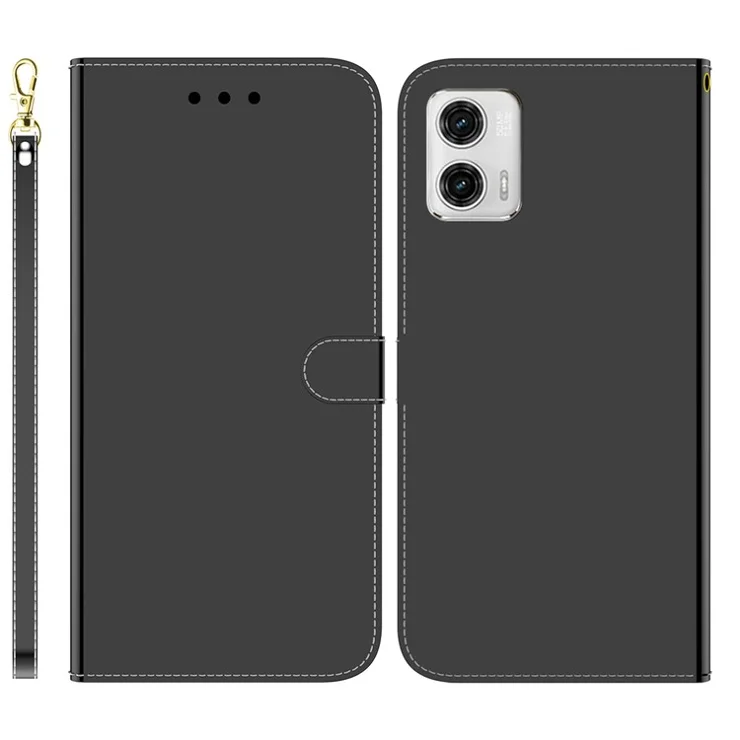 For Motorola Moto G73 5G Phone Leather Case Mirror-like Surface Wallet Stand Cell Phone Cover - Black