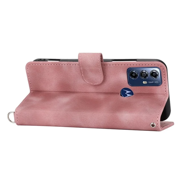 Skin-touch Leather Phone Case for Motorola Moto G Play (2023) 4G Imprinted Flower Wallet Stand Cover with Strap - Pink
