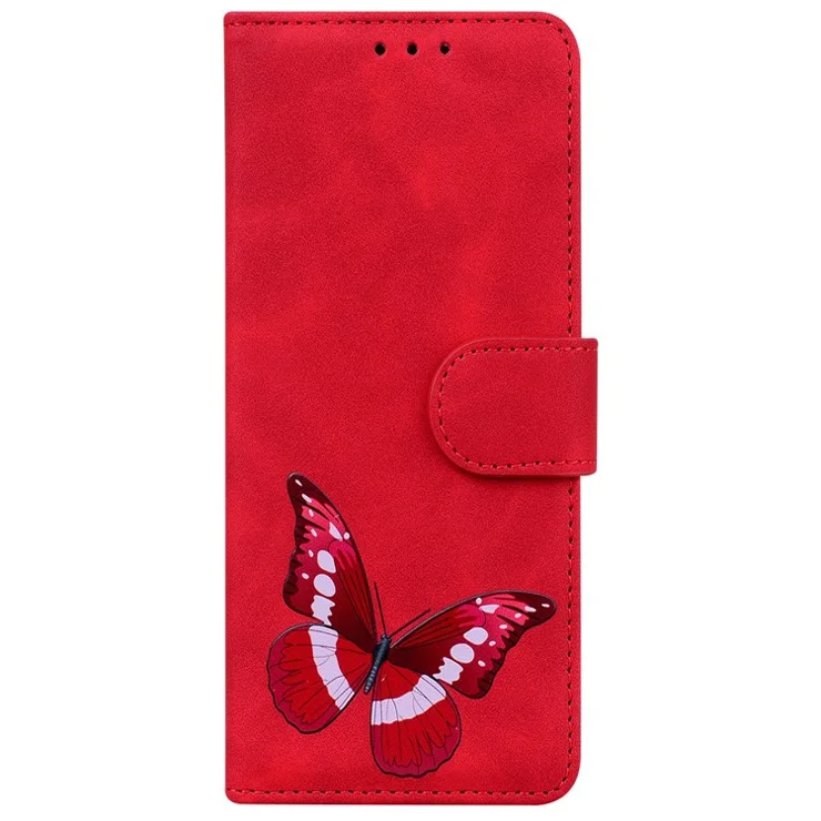 Phone Leather Case for Motorola Moto G73 5G Wallet Butterfly Printing Phone Stand Cover - Red