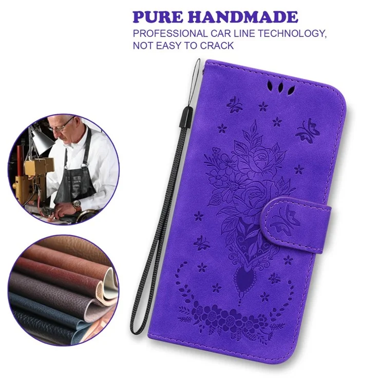 Phone Wallet Case for OnePlus 11 5G PU Leather Rose Butterfly Imprinted Stand Cell Phone Cover - Purple