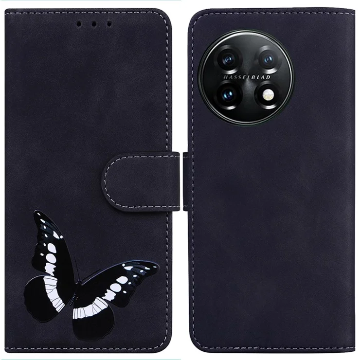 For OnePlus 11 5G Butterfly Printing Skin-friendly Flip Leather Wallet Cover Anti-drop Phone Case Stand - Black