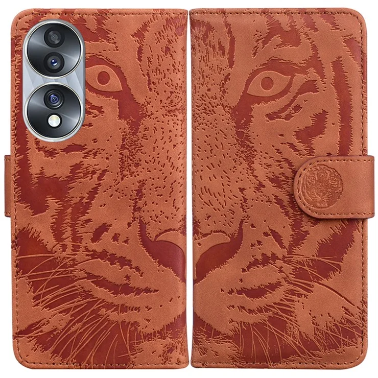 For Honor 70 5G PU Leather Flip Cover Tiger Pattern Imprinted Wallet Stand Protective Phone Case - Brown