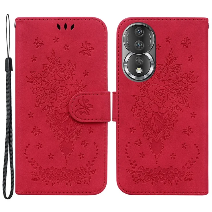 Phone Case For Honor 80 5G PU Leather Rose Butterfly Imprinted Stand Wallet Shockproof Phone Cover - Pink