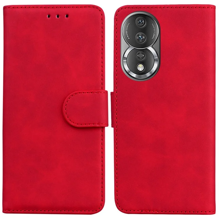 For Honor 80 5G PU Leather Wallet Phone Case Solid Color Stand Magnetic Flip Cover - Red