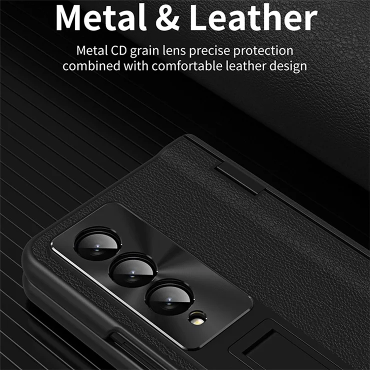For Samsung Galaxy Z Fold4 5G Hinge Protection Phone Case PU Leather Coated PC Kickstand Cover with Tempered Glass Film - Black