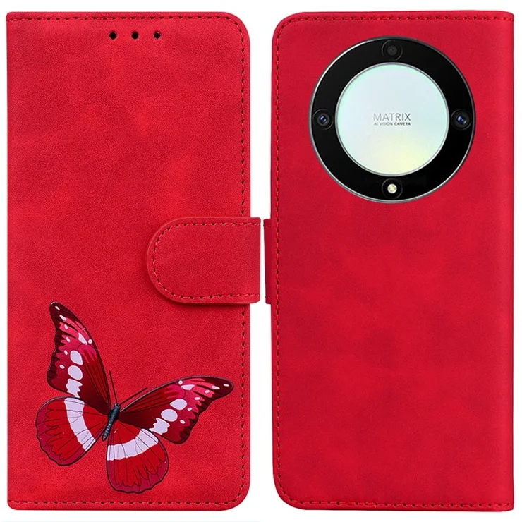 For Honor X40 5G / X9a 5G / Magic5 Lite 5G Butterfly Printing Full Protection Cover Leather Wallet Stand Phone Case - Red