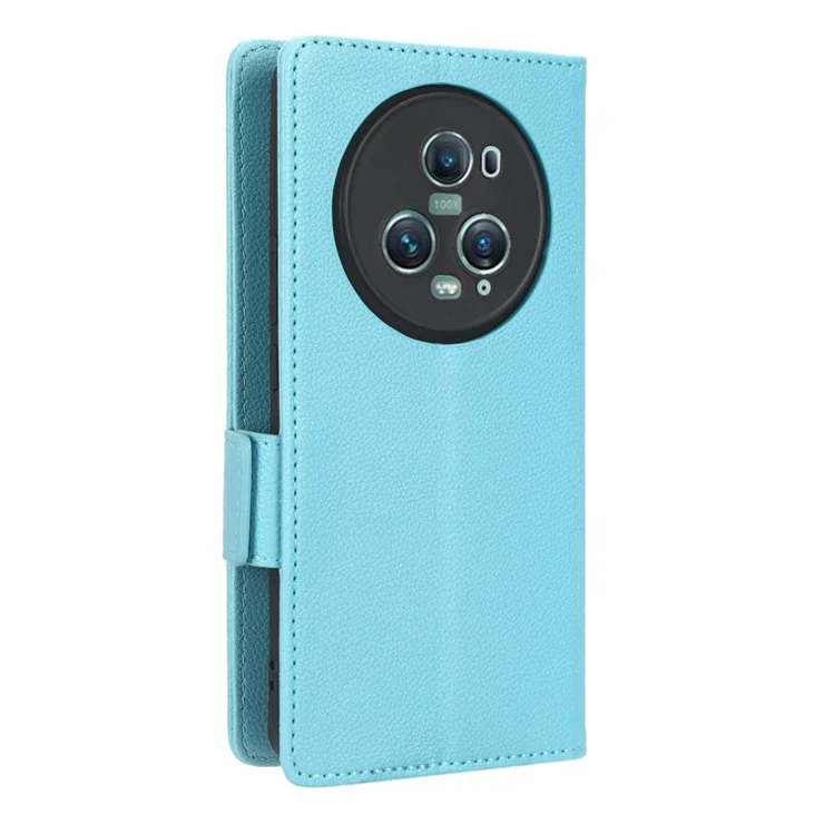 For Honor Magic5 Pro PU Leather Flip Folio Case Wallet Stand Litchi Texture Shockproof Phone Cover - Baby Blue