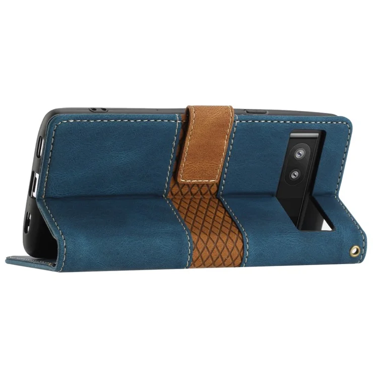 Grid Splicing PU Leather Phone Case for Google Pixel 7a , Stand Wallet Phone Case with Strap - Blue