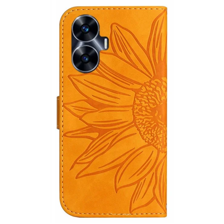 For Realme C55 HT04 Sunflower Pattern PU Leather Wallet Phone Case Flip Stand Cover - Yellow
