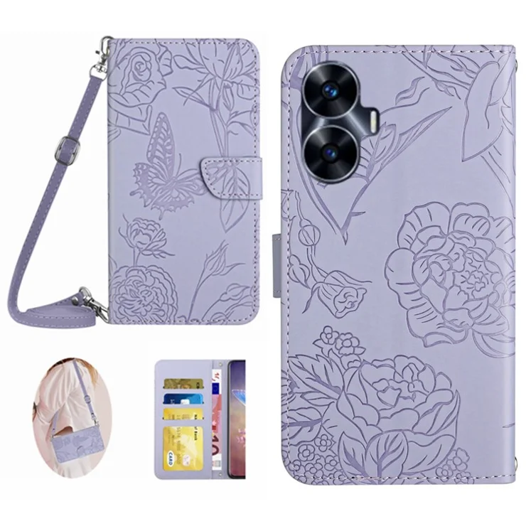 HT03 For Realme C55 Anti-Scatch Skin-touch Leather Phone Cover Imprinted Pattern Wallet Stand Case with Shoulder Strap - Purple