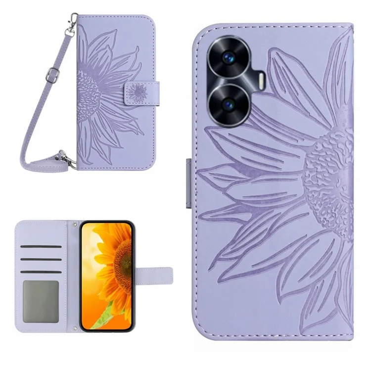 HT04 Skin-touch Leather Flip Cover for Realme C55 , Sunflower Imprinted Stand Wallet Case with Shoulder Strap - Light Purple