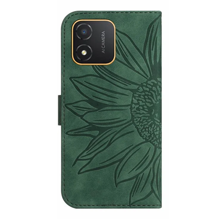 For Honor X5 4G HT04 Phone Wallet Case Sunflower Imprinted Leather Stand Phone Cover - Dark Green
