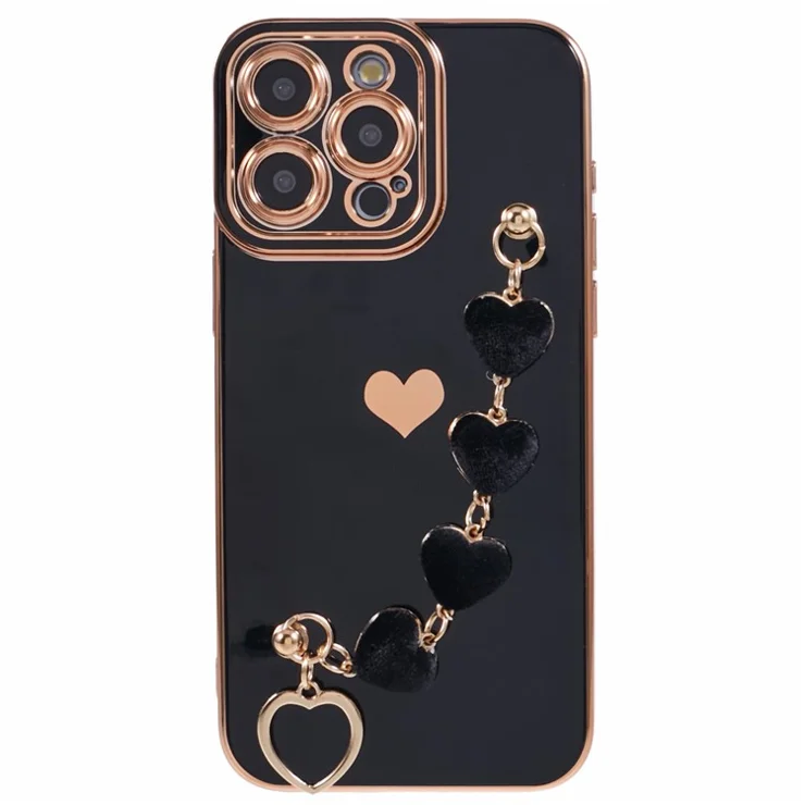 For iPhone 14 Pro Max Electroplating Phone Case Soft TPU Back Cover with Plush Love-Heart Strap - Black