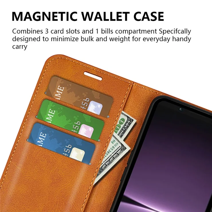 For Sony Xperia 1 V Wallet Cell Phone Case Calf Texture PU Leather Stand Phone Cover - Light Brown