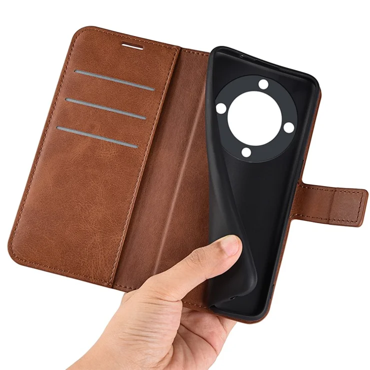 For Honor X9a 5G Phone Wallet Case PU Leather Calf Texture Stand Protective Phone Cover - Light Brown