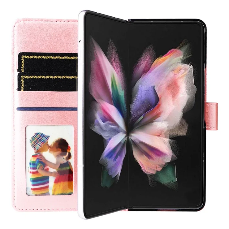 For Samsung Galaxy Z Fold3 5G Wallet Phone Case Stand Sunflower Imprinted Leather Folding Phone Cover with Strap - Pink