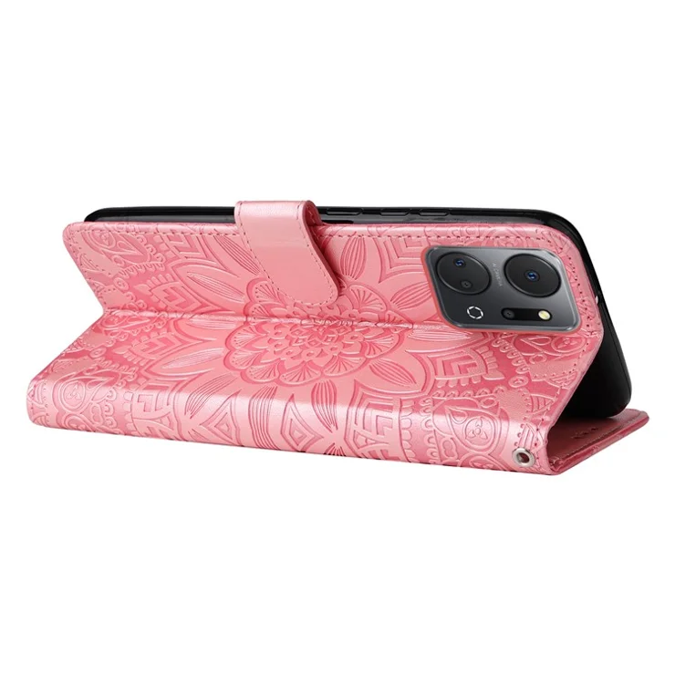 Phone Stand Case for Honor X7a 5G , PU Leather Sunflower Imprinted Wallet Phone Cover with Hand Strap - Pink