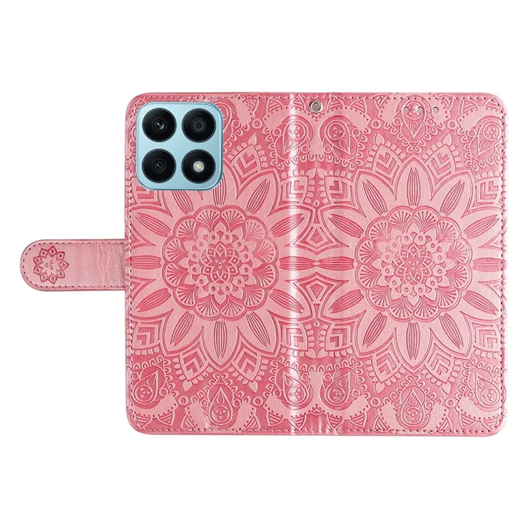 For Honor X8a 4G PU Leather Phone Wallet Case Stand Sunflower Imprinted Phone Cover with Hand Strap - Pink