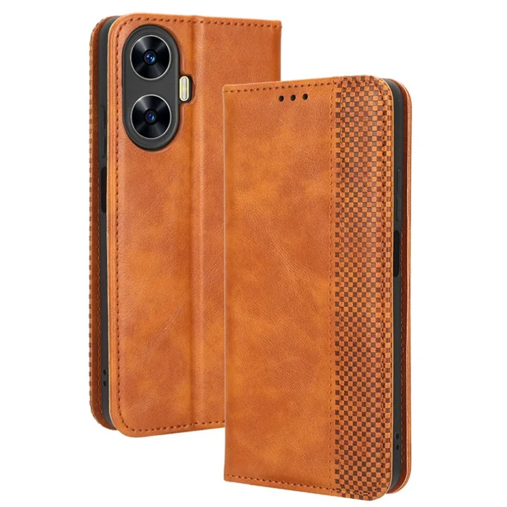 For Realme C55 / Narzo N55 4G Retro Magnetic Absorption Flip Stand Cover PU Leather Wallet Phone Case - Brown