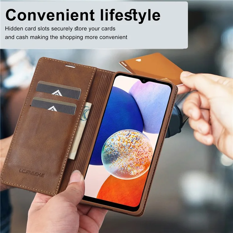 LC.IMEEKE For Samsung Galaxy A14 4G / 5G PU Leather Flip Wallet Case RFID Blocking Stand Phone Cover - Brown