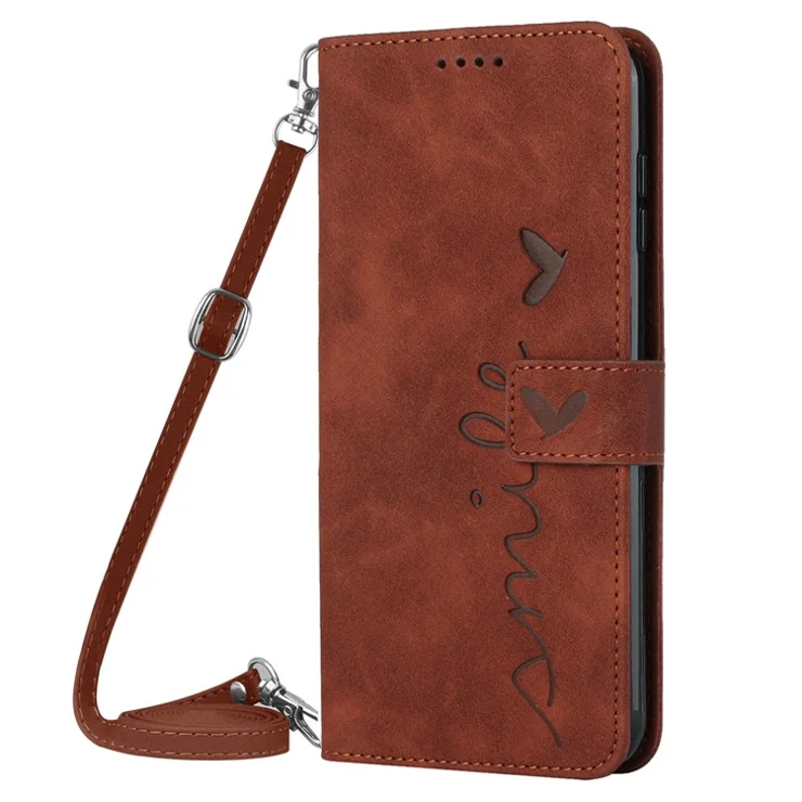 For Motorola Moto G 5G (2023) Heart Shape Phone Leather Case Wallet Stand Cell Phone Cover with Shoulder Strap - Brown