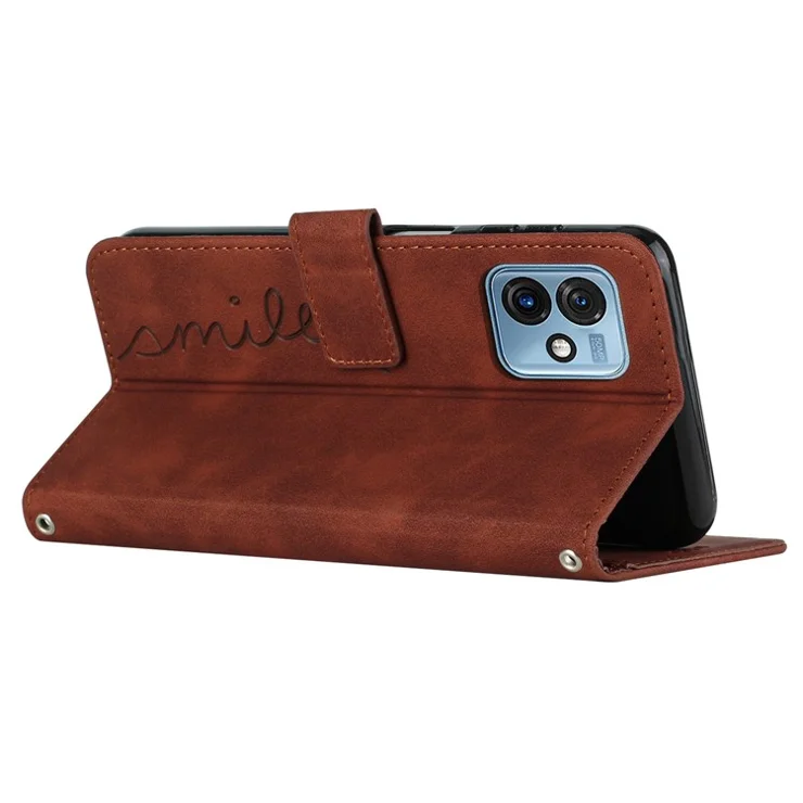 For Motorola Moto G 5G (2023) Heart Shape Phone Leather Case Wallet Stand Cell Phone Cover with Shoulder Strap - Brown