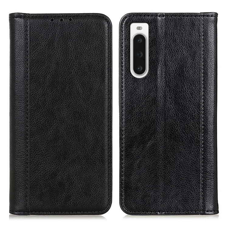 For Sony Xperia 10 V Split Leather Litchi Texture Phone Case Wallet Stand Magnetic Absorption Cover - Black
