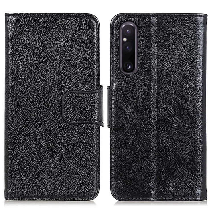 For Sony Xperia 1 V Split Leather Phone Case Nappa Texture Stand Wallet Magnetic Clasp Phone Cover - Black