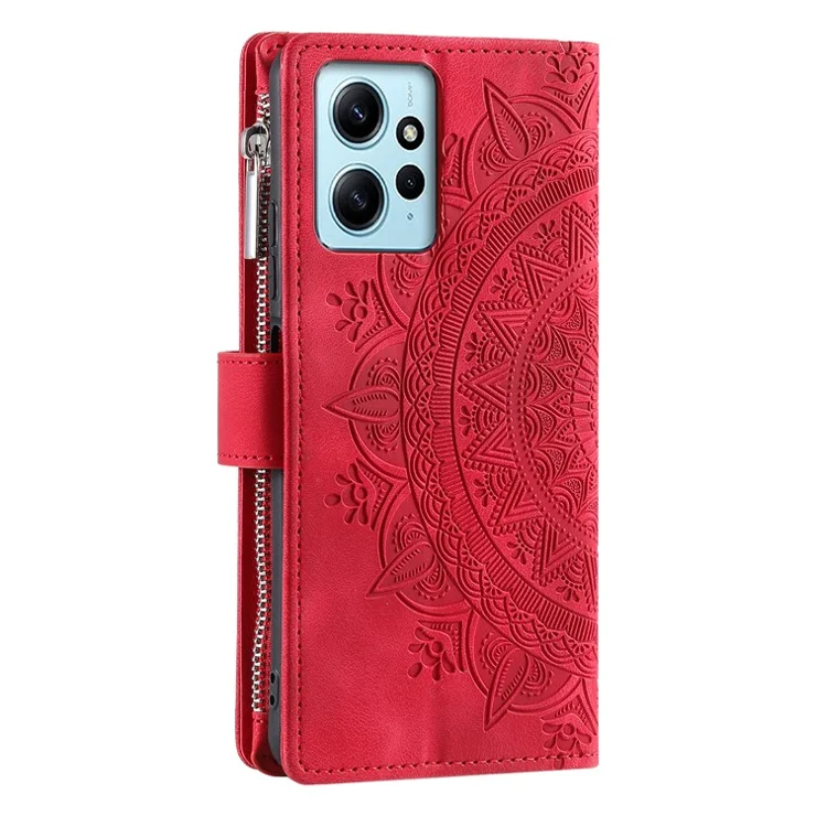For Xiaomi Redmi Note 12 4G Leather Flip Cover Mandala Flower Pattern Wallet Phone Case - Red